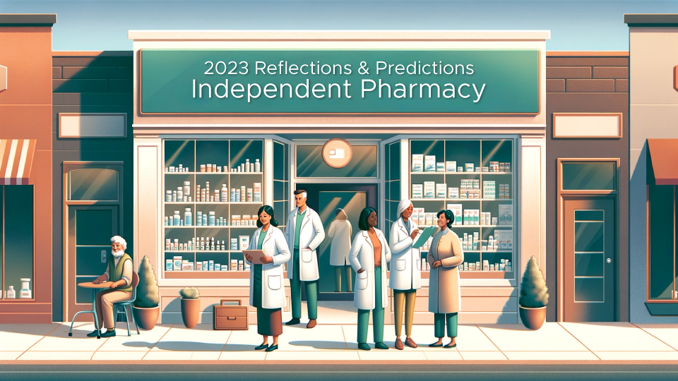 Pharmacy storefront digital drawing with pharmacists and patients standing out front.